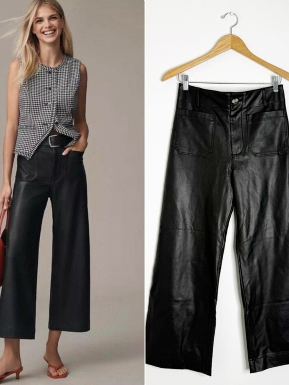 Anthropologie Maeve Colette Black Faux Leather Wide-Leg Cropped Pants Size 22